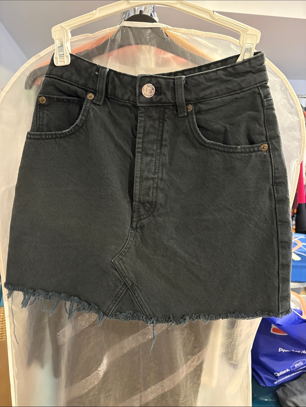 ZARA Charcoal Black Denim Skirt with Frayed Hem